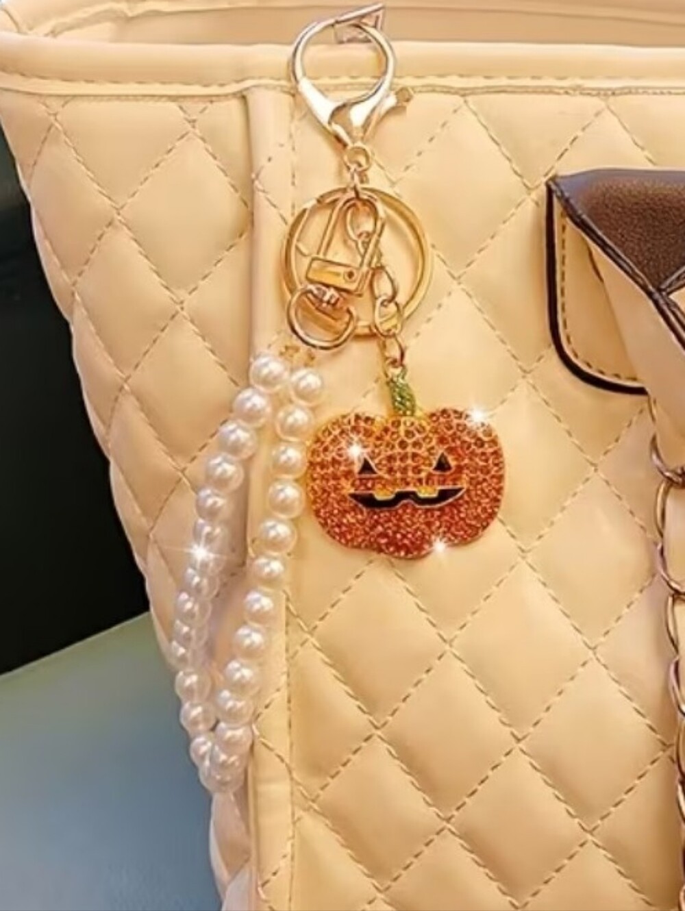 Pearl Bracelet Keychain with  Pumpkin Charm